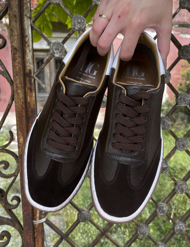 Ανδρικά καφέ δερμάτινα Sneakers με suede λεπτομέρεια HG177817K φωτογραφία